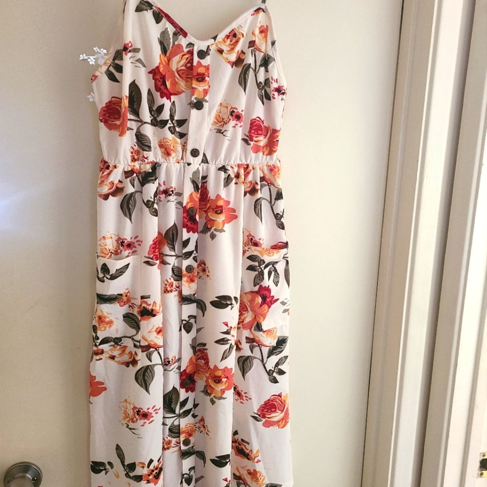 White and Orange Floral Spring dress with pockets Large